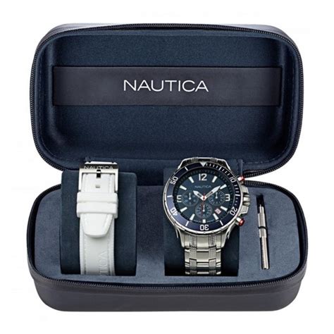 nautica stainless steel twizer set in wooden box|NST Stainless Steel And Silicone Watch Box Set .